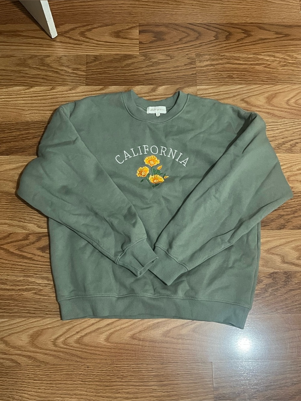 State of Mind Olive Green 'California' Crewneck with Yellow Floral Embroidery